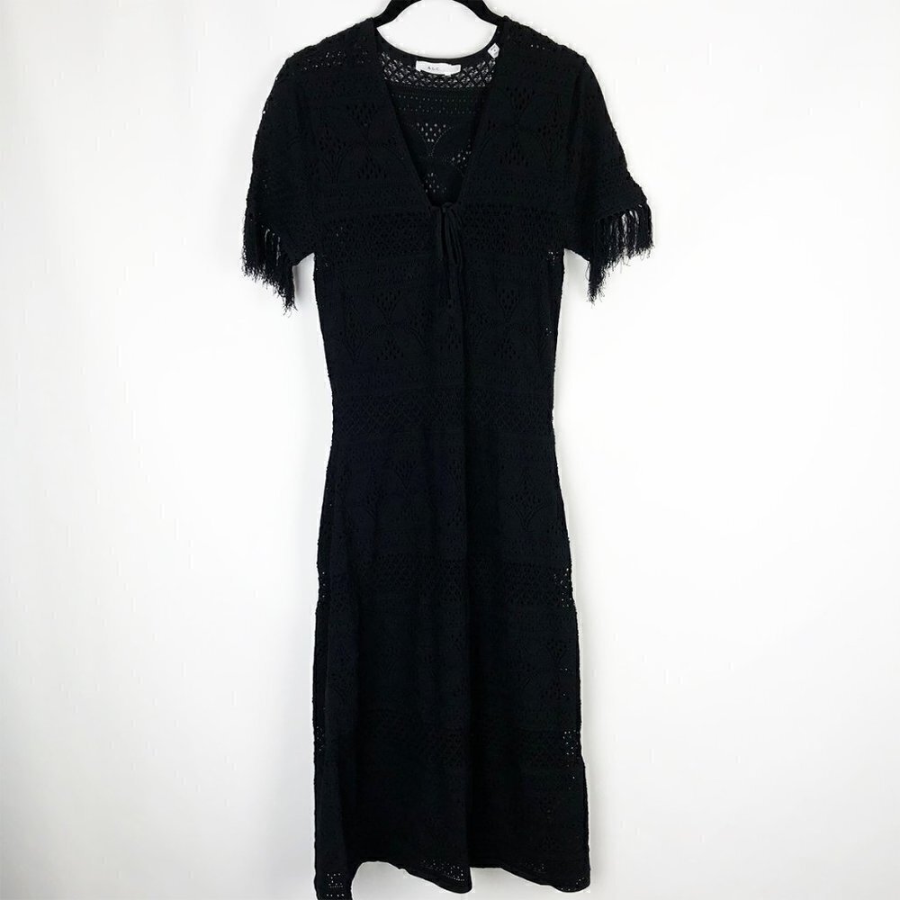 SALE A.L.C. Trevi Black V-Neck Tie-Front Detail Crochet Fringed Midi Dress Large - Picture 6 of 15
